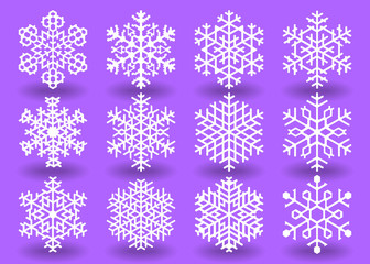 Set of Twelve white decorative snowflakes.Vector geometric pattern.