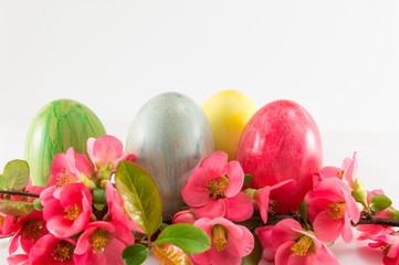 Painted Easter eggs and Japanese rose flowers