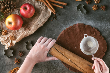 making gingerbread dough with cinnamon, cutters and walnuts for Christmas, christmas baking, from above