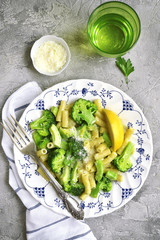 Creamy avocado broccoli pasta .Top view.