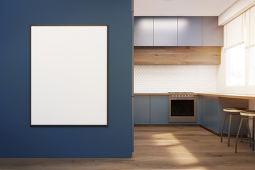 Blue kitchen with poster, toned