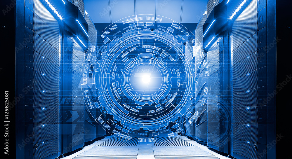 Poster futuristic techno design on background of supercomputer data center