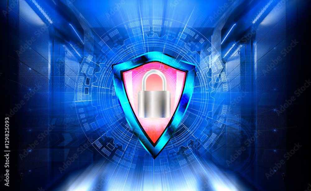 Poster concept of data protection information centres. shield and padlock. protected server hardware.