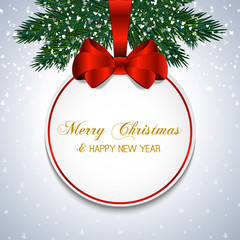 Christmas gift card with ribbon and satin red bow. Vector illust