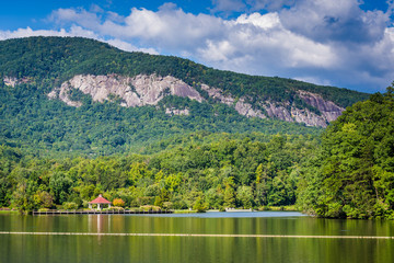 Lake Lure and mountains in Lake Lure, North Carolina.