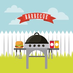 barbecue grill with hamburger and sauces bottles over landscape background. colorful design. vector illustration