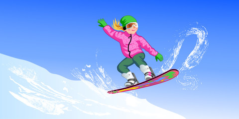 Fototapeta na wymiar snowboarder's girl's makes a trick