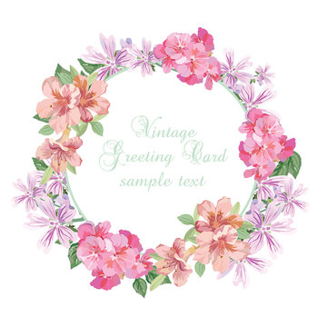 Summer Vintage wreath Greeting Card flowers, Illustration  Floral Wedding Invitation in Watercolor style