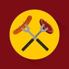 crossed forks with sausage and meat icon over yellow circle and  red background. colorful design. vector illustration