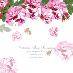 Watercolor Pink Rose flowers card. Vector floral border for background greeting cards, invitations, weddings, birthday, Valentine's Day, Mother's Day