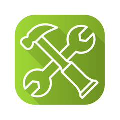 Hammer and wrench options flat linear long shadow icon. Vector line symbol.