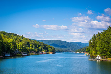 View of Lake Lure and distant mountain ranges, in Lake Lure, Nor