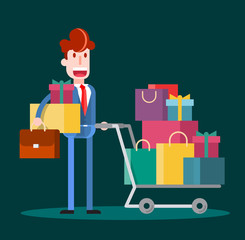Flat Businessman Shopping on Dark Background. Isolated Flat Vector Illustration.