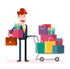 Flat Businessman Shopping on White Background. Isolated Flat Vector Illustration.