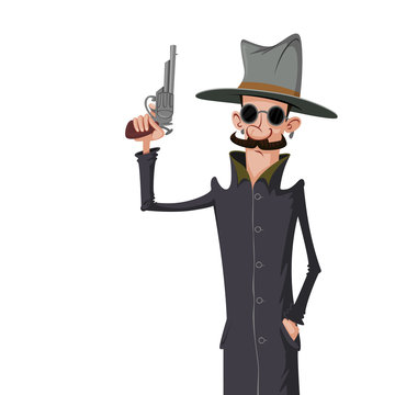 Vector cartoon image of a spy in dark coat and sunglasses with gun in his hand
