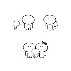 Cute man and a kid, scared or curious child behind the father, full family with mother. Safe and protection - cartoon vector illustration.