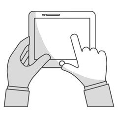 hand touching a tablet device icon over white background. vector illustration