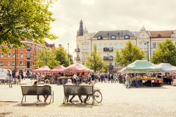 Sweden, Skane, Malmo, Mollevangen, Mollevangstorget, Market on town square