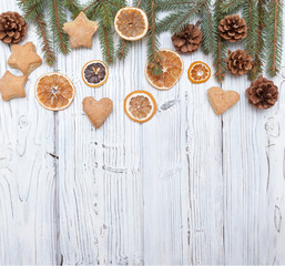 Christmas decoration on old grunge wooden board