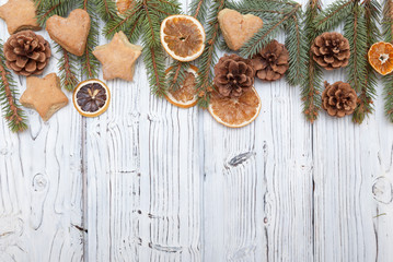Christmas decoration on old grunge wooden board