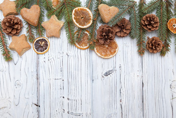 Christmas decoration on old grunge wooden board