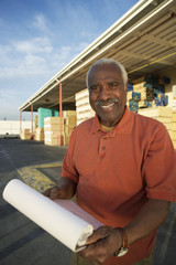 Fototapeta premium Portrait of a senior warehouse worker holding clipboard
