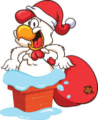New Year 2017. Christmas stration. Rooster in a suit of Santa Claus. Gift Bag. Chimneys. EPS 10