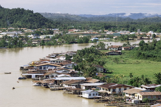 Stilt houses along Limbang River, Limbang City, Sarawak, Malaysia, island of Borneo