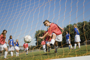 Girl scoring goal during soccer match