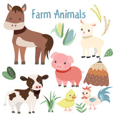 Cute Farm Animals and Plant Element Illustration Set