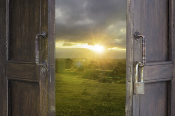 abstract old wood window open to landscape sun light filter - can use to display or montage on product © bank215