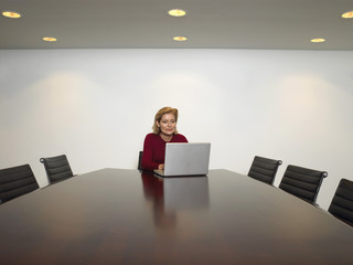 Beautiful businessman using laptop at table in conference room