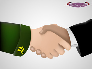 realistic graphic design vector of shake hand between military and government business man
