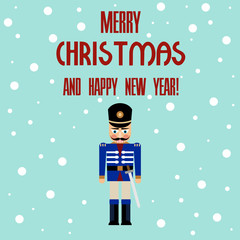 Vector illustration of a nutcracker with sword and text merry christmas and happy new year