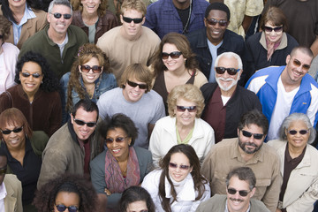 High angle view of happy multiethnic people wearing sunglasses
