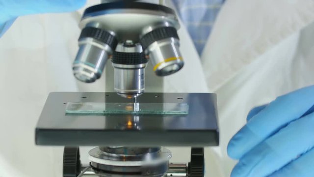 detail on the hand of a chemical laboratory technician working with a slide