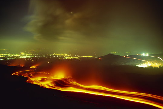 Lava flow from the Monti Calcarazzi fissure on the flank of Mount Etna in 2001 which threatened Nicolosi below, Sicily