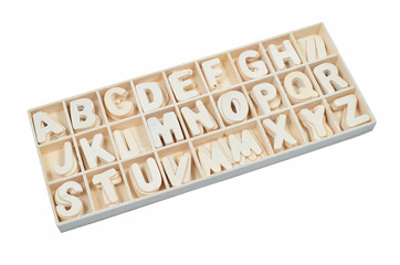 English alphabet set in wooden box isolated on white background
