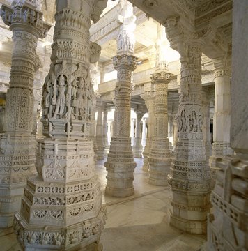 Detail of a few of the 1444 pillars all hand carved and different, inside the Jain Temple, Ranakpur, Rajasthan state