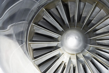 Extreme closeup of an airplane turbine