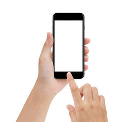 close-up hand using phone mobile isolated on white, mock up smar