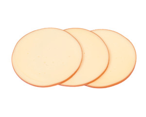 Sliced amish farm organic smoked gouda cheese isolated on white background