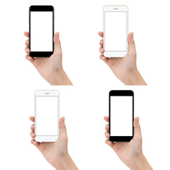 close up hand hold phone isolated on white background, mock-ups