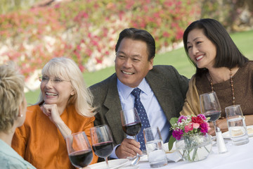 Group of senior friends sitting together drinking wine while looking away © MDBPIXS