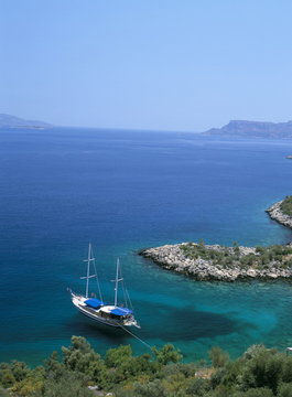Gulet in a bay near Kas, south coast, Anatolia, Turkey Minor