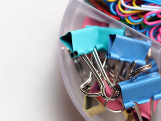 Stationery collection in box on office desk, business office supplies