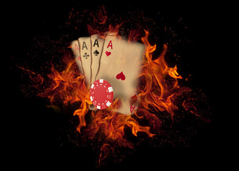 Playing cards and chips on fire. casino concept