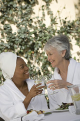 Women in bathrobe toasting drinks
