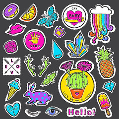Fashion patch badge elements in cartoon 80s-90s comic style. Set modern trend doodle pop art sketch.