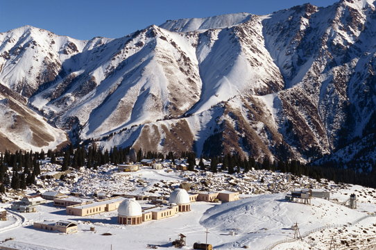 Astronomical station in snow covered landscape at Almaty in Kazakhstan